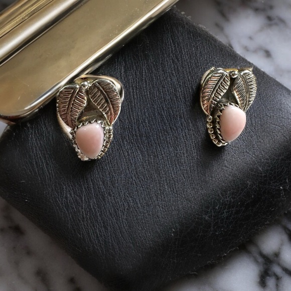 Sterling Silver Leaf & Pink Opal Post Earrings - Picture 5 of 12